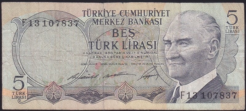 6.EMİSYON 1.TERTİP 5 LİRA F13 107837 TEMİZ