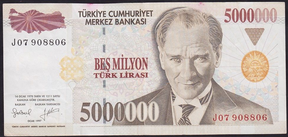 7.Emisyon 5 000 000 Lira J07 908806 Çok Temiz+