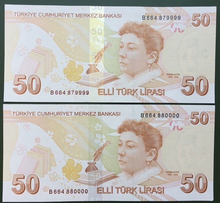 9.EMİSYON 50 LİRA 2.TERTİP B664 879999 - 664 880000 SERİ TAKİPLİ ÇİL eski kağıt para koleksiyon mezat