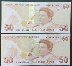 9.EMİSYON 50 LİRA 2.TERTİP B664 879999 - 664 880000 SERİ TAKİPLİ ÇİL eski kağıt para koleksiyon mezat