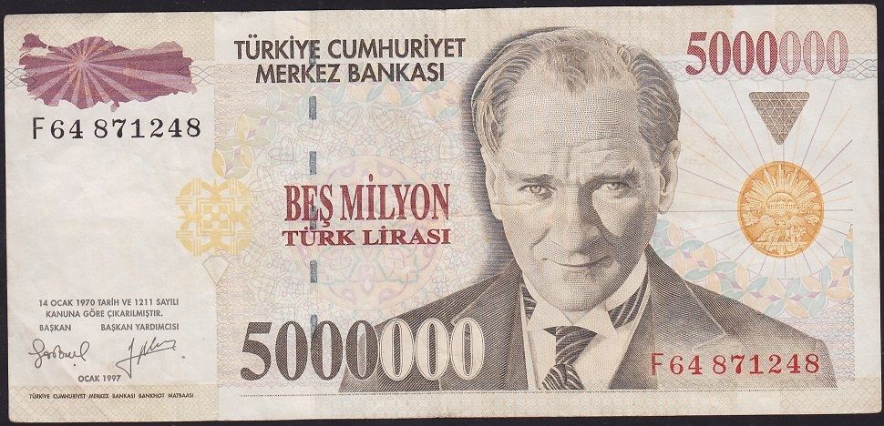 7.Emisyon 5 000 000 Lira F64 871248 Çok Temiz+
