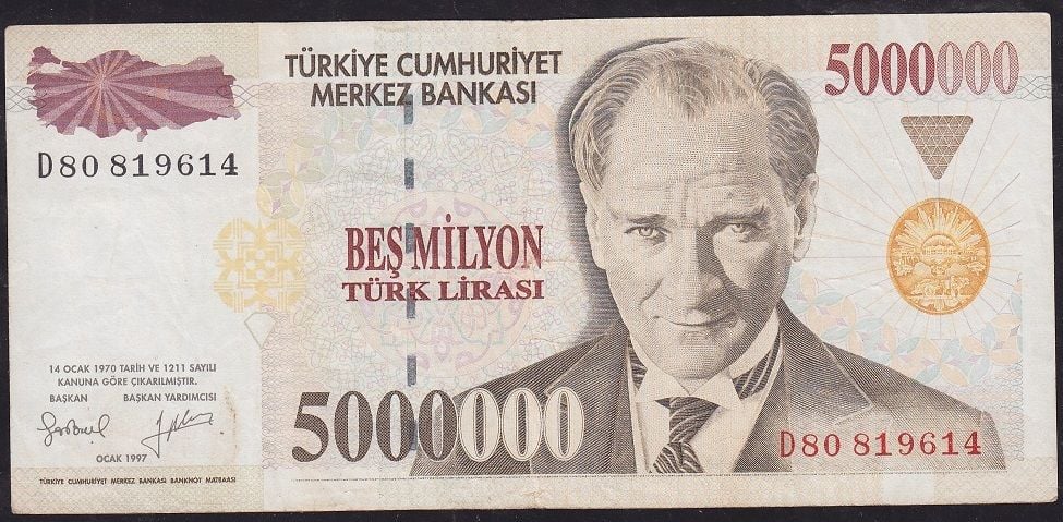 7.Emisyon 5 000 000 Lira D80 819614 Çok Temiz+
