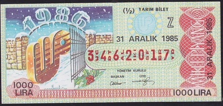 1985 31 Aralık Yarım Bilet - Z Serisi - Filigranlı 10 Lira Kağıdı