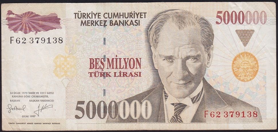 7.Emisyon 5 000 000 Lira F62 379138 Çok Temiz+