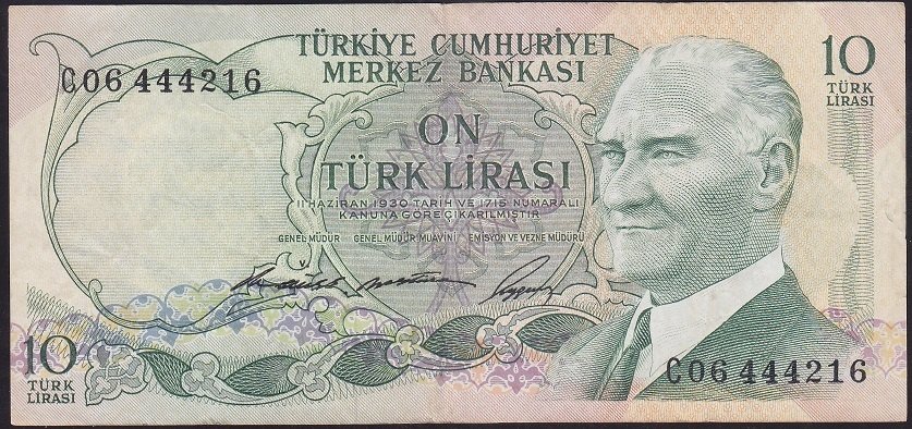 6.EMİSYON 1.TERTİP 10 LİRA C06 444216 ÇOK TEMİZ + eski kağıt para lan yerler