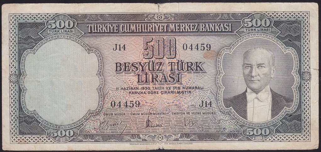 5.EMİSYON 2.TERTİP 500 LİRA J14 04459 ÇOK TEMİZ