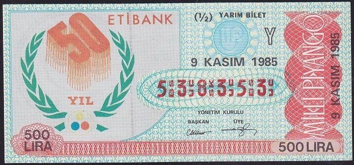 1985 9 Kasım Yarım Bilet - Y Serisi - Filigranlı 10 Lira Kağıdı