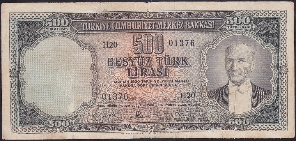5.EMİSYON 2.TERTİP 500 LİRA H20 01376 TEMİZ +