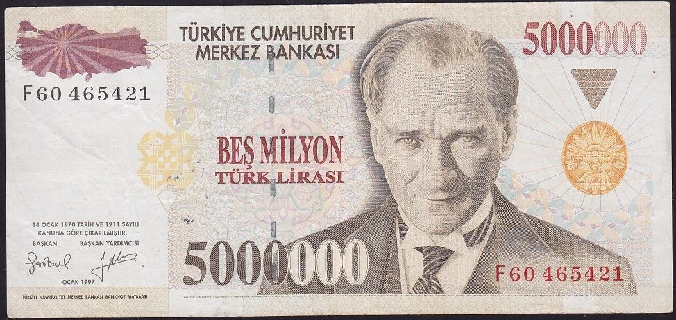 7.Emisyon 5 000 000 Lira F60 465421 Çok Temiz+