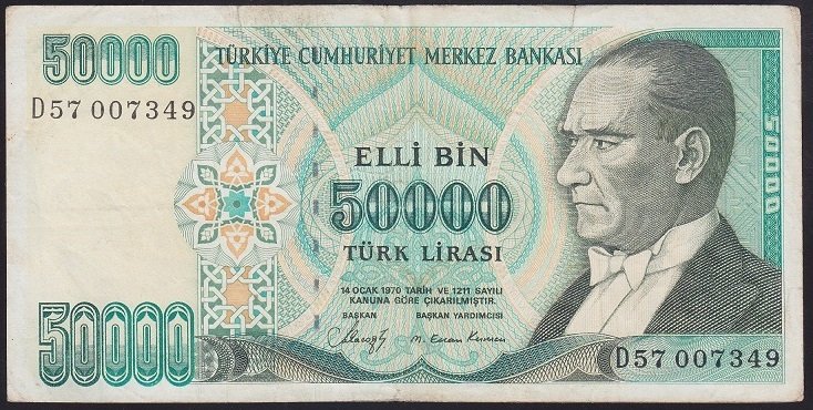 7.EMİSYON 1.TERTİP 50000 LİRA D57 007349 TEMİZ