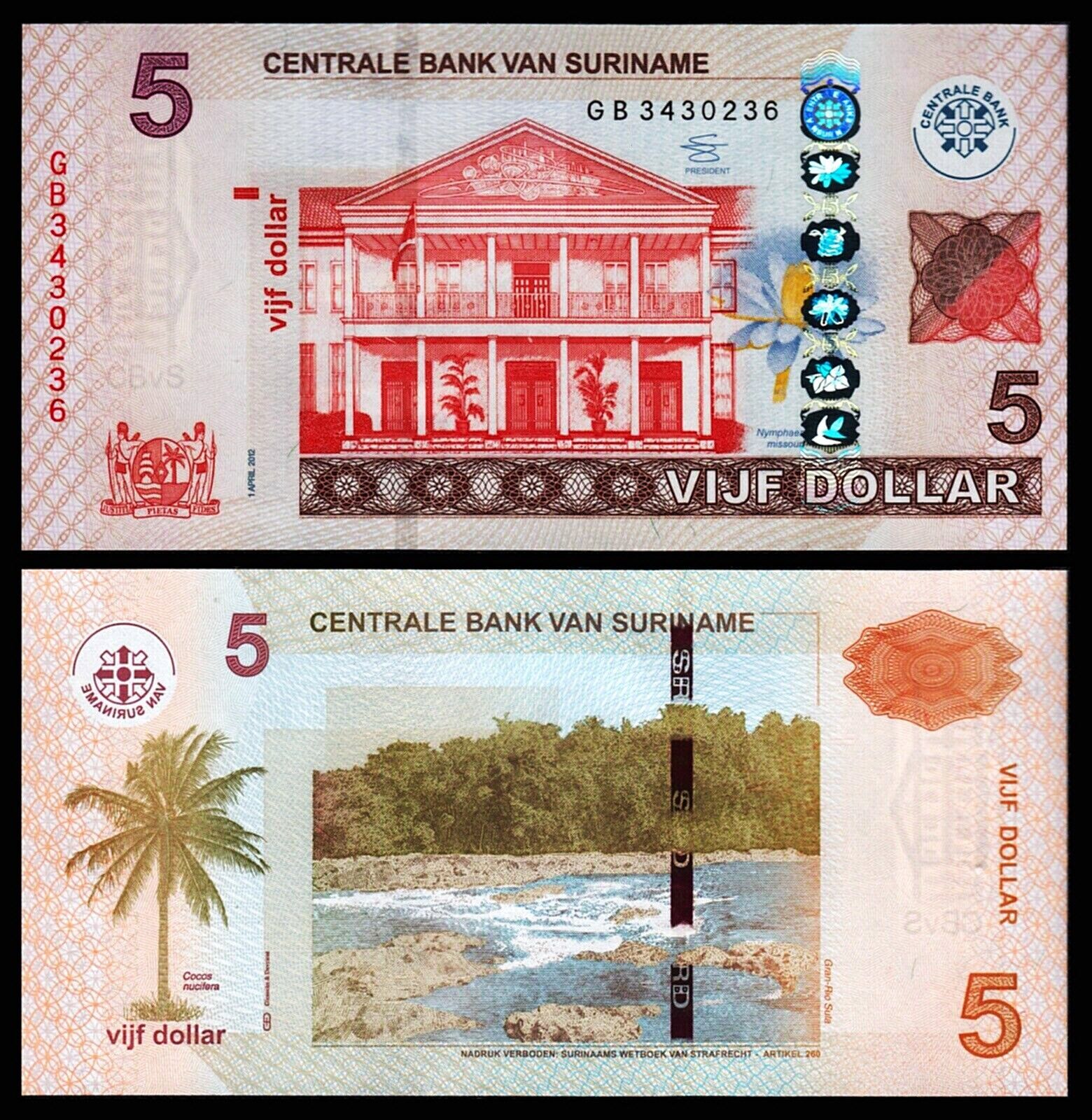 Suriname 5 Dolar 2012 Çil Pick 162b