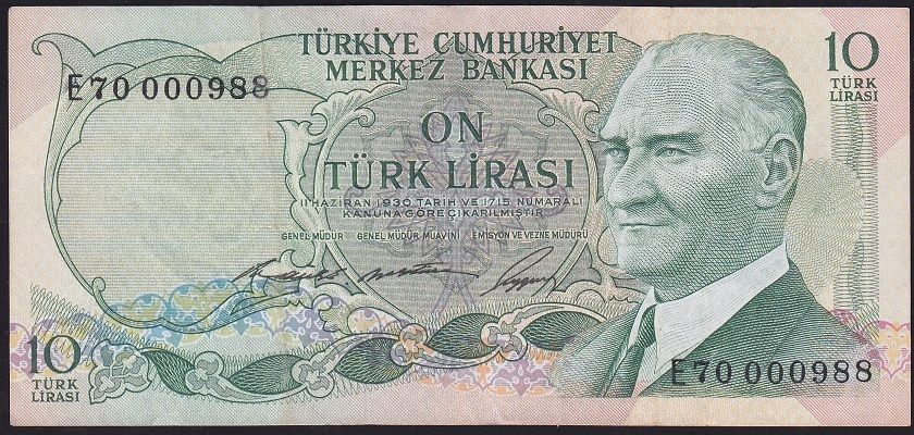 6.Emisyon 1.Tertip 10 Lira E70 000988 Çok Temiz+
