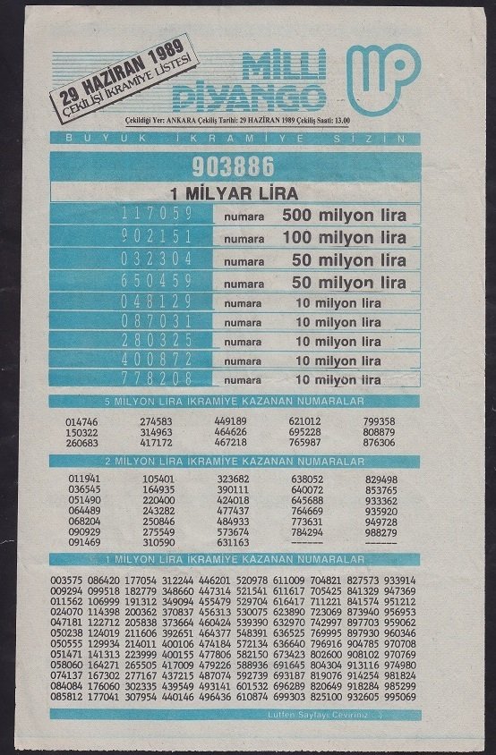 1989 29 HAZİRAN PİYANGO LİSTESİ