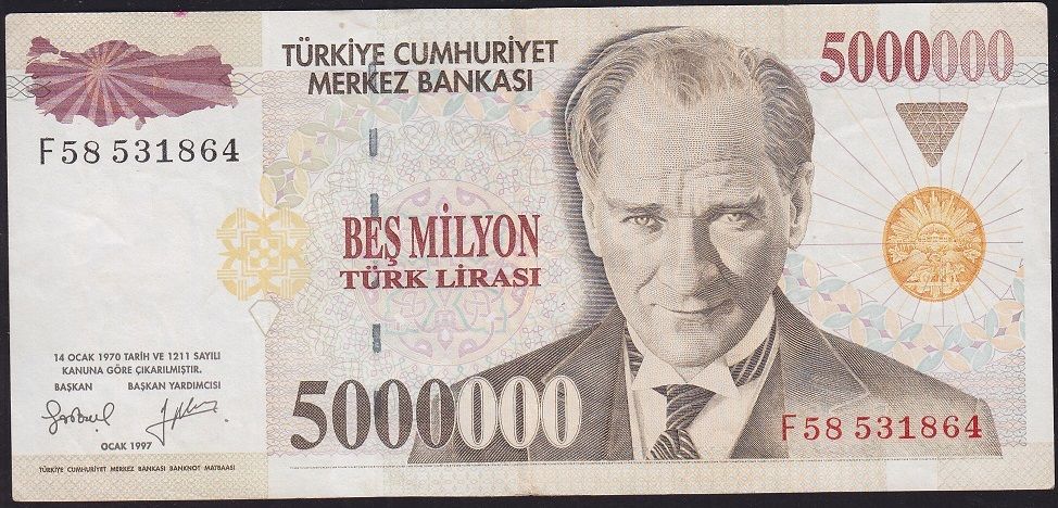 7.Emisyon 5 000 000 Lira F58 531864 Çok Temiz+