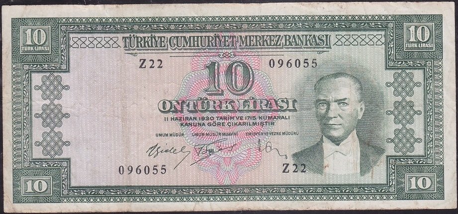 5.Emisyon 4.Tertip 10 Lira Z22 096055 Çok Temiz +