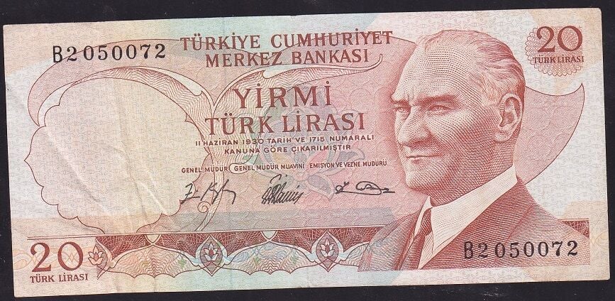 6.Emisyon 1.Tertip 20 Lira B2 050072 Çok Temiz+