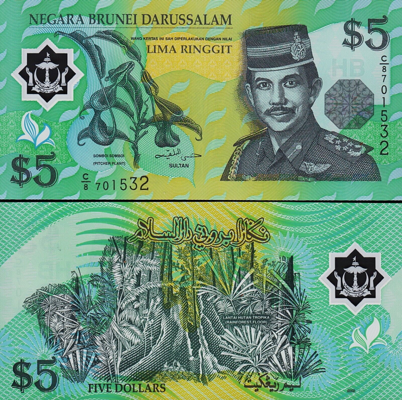 Brunei 5 Dolar 2002 Çil Pick 23 Polimer