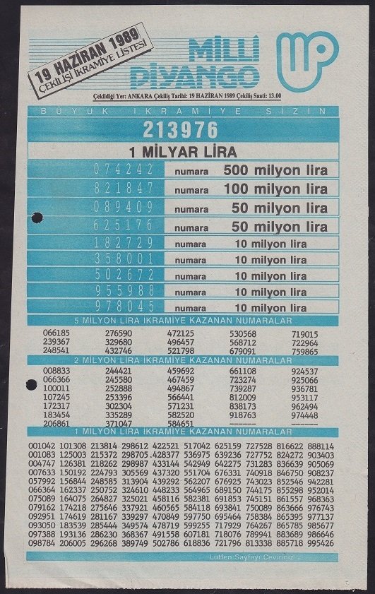 1989 19 HAZİRAN PİYANGO LİSTESİ