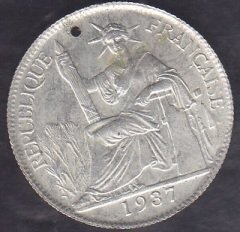 French İndochina 20 Cent 1937 Gümüş Kaplama