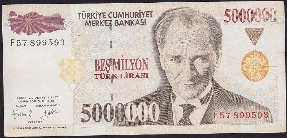 7.Emisyon 5 000 000 Lira F57 899593 Çok Temiz+