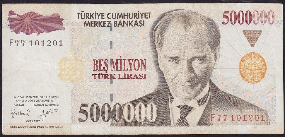 7.Emisyon 5 000 000 Lira F77 101201 Çok Temiz+