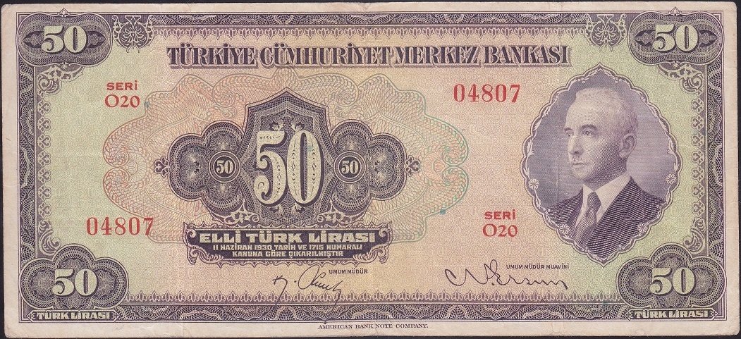 3.Emisyon 1.Tertip 50 Lira O20 04807 Çok Temiz +