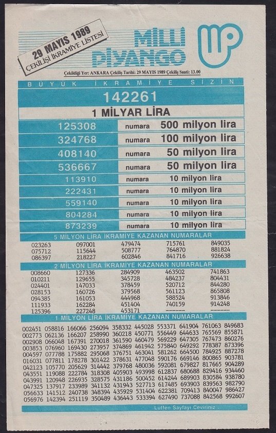 1989 29 MAYIS PİYANGO LİSTESİ