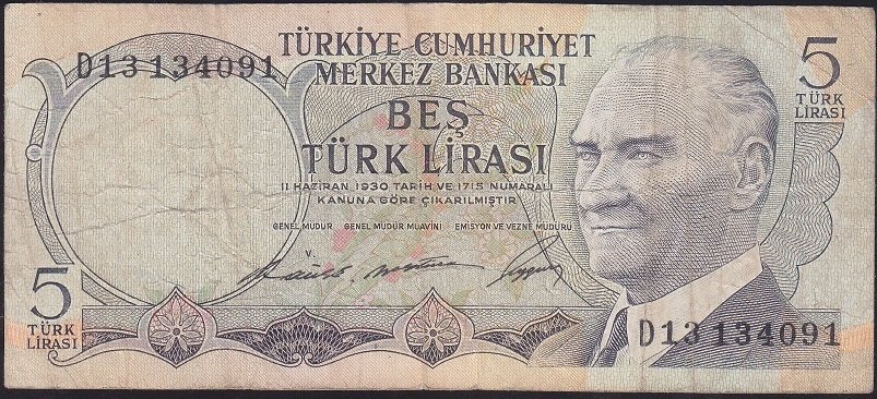 6.EMİSYON 1.TERTİP 5 LİRA D13 134091 TEMİZ