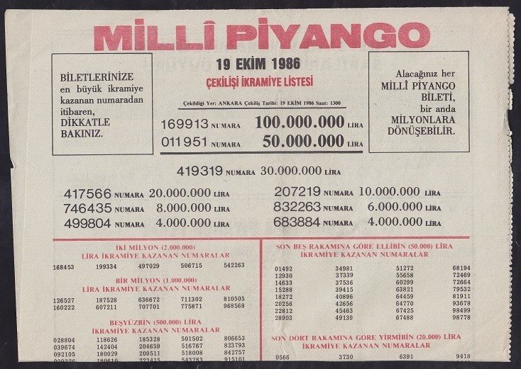 1986 19 EKİM PİYANGO LİSTESİ