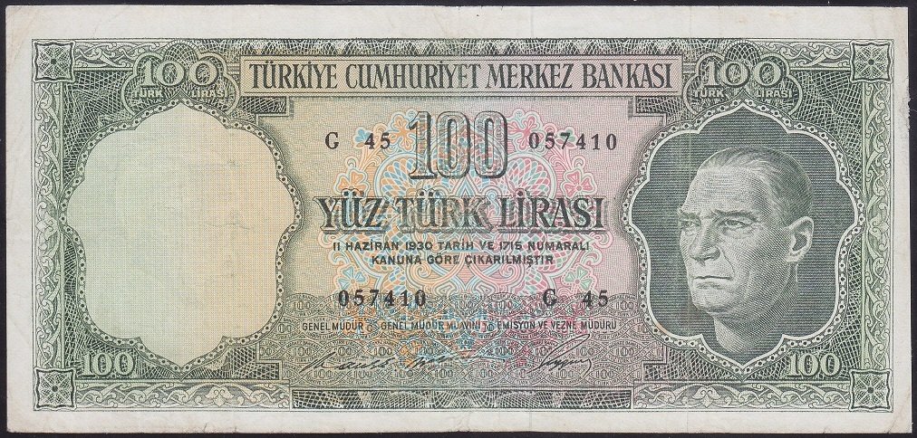 5.EMİSYON 6.TERTİP 100 LİRA G45 057410 ÇOK TEMİZ ( İŞLEMLİ )