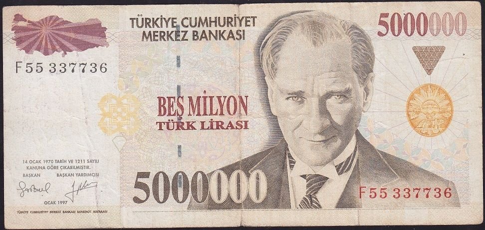 7.Emisyon 5 000 000 Lira F55 337736 Çok Temiz