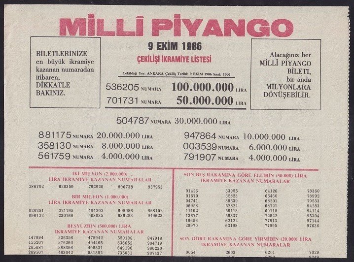 1986 9 EKİM PİYANGO LİSTESİ