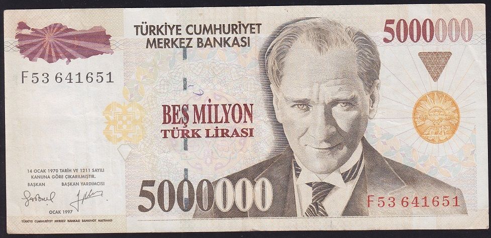 7.Emisyon 5 000 000 Lira F53 641651 Çok Temiz+