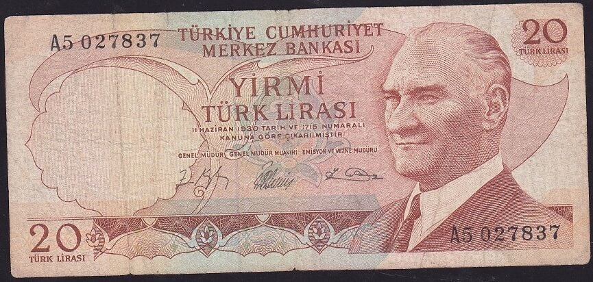 6.Emisyon 1.Tertip 20 Lira A5 027837 Çok Temiz