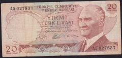 6.Emisyon 1.Tertip 20 Lira A5 027837 Çok Temiz
