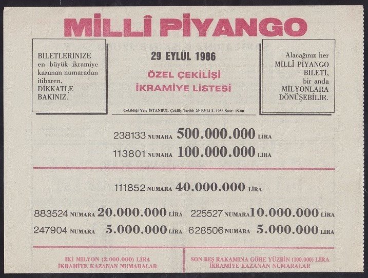 1986 29 EYLÜL PİYANGO LİSTESİ