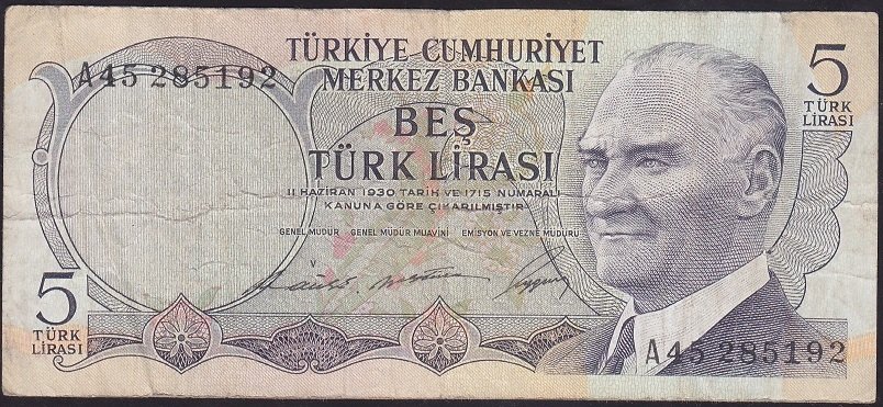 6.EMİSYON 1.TERTİP 5 LİRA  A45 285192 TEMİZ