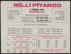 1986 9 TEMMUZ PİYANGO LİSTESİ