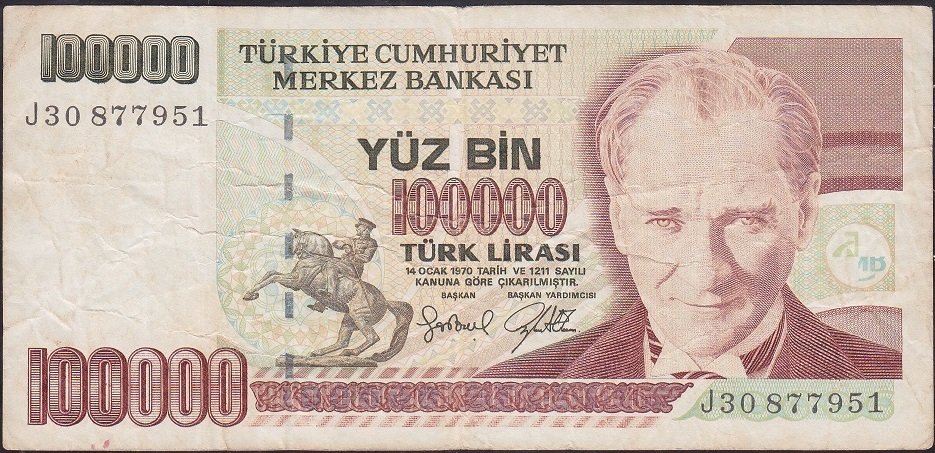 7.Emisyon 3.Tertip 100000 Lira J30 877951 Çok Temiz