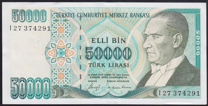7.EMİSYON 1.TERTİP 50000 LİRA I27 374291 ÇİLALTI (DESTEDEN KAYNAKLANAN BASKI İZLERİ VAR)
