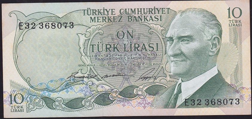 6.Emisyon 1.Tertip 10 Lira E32 368073 Çilaltı Çil ( Sararmalar Var )