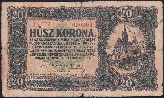 MACARİSTAN 20 KORONA 1920 TEMİZ