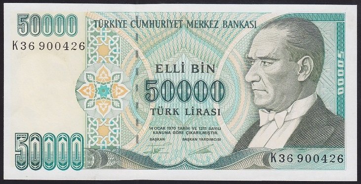 7.EMİSYON 2.TERTİP 50000 LİRA K36 900426 ÇİLALTI ÇİL (SAYMA KIRIĞI VAR)