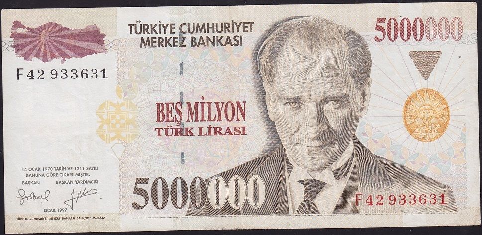 7.Emisyon 5 000 000 Lira F42 933631 Çok Temiz+
