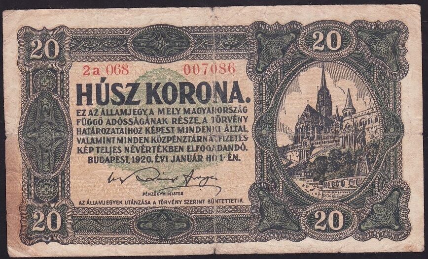 Macaristan 20 Korona 1920 Temiz