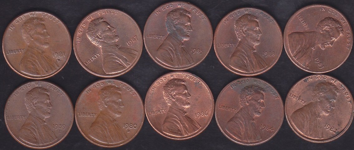 AMERİKA 1 CENT 1980-81-82-83-84-85-86-87-88-89 YILLARI 10 LU LOT