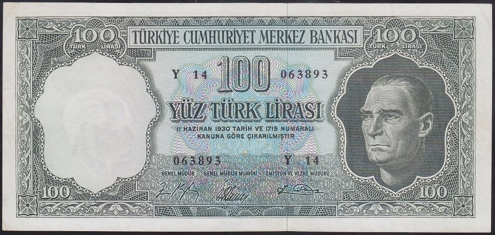 5.EMİSYON 5.TERTİP 100 LİRA Y14 063893 ÇÇT (DÜZLENMİŞ)