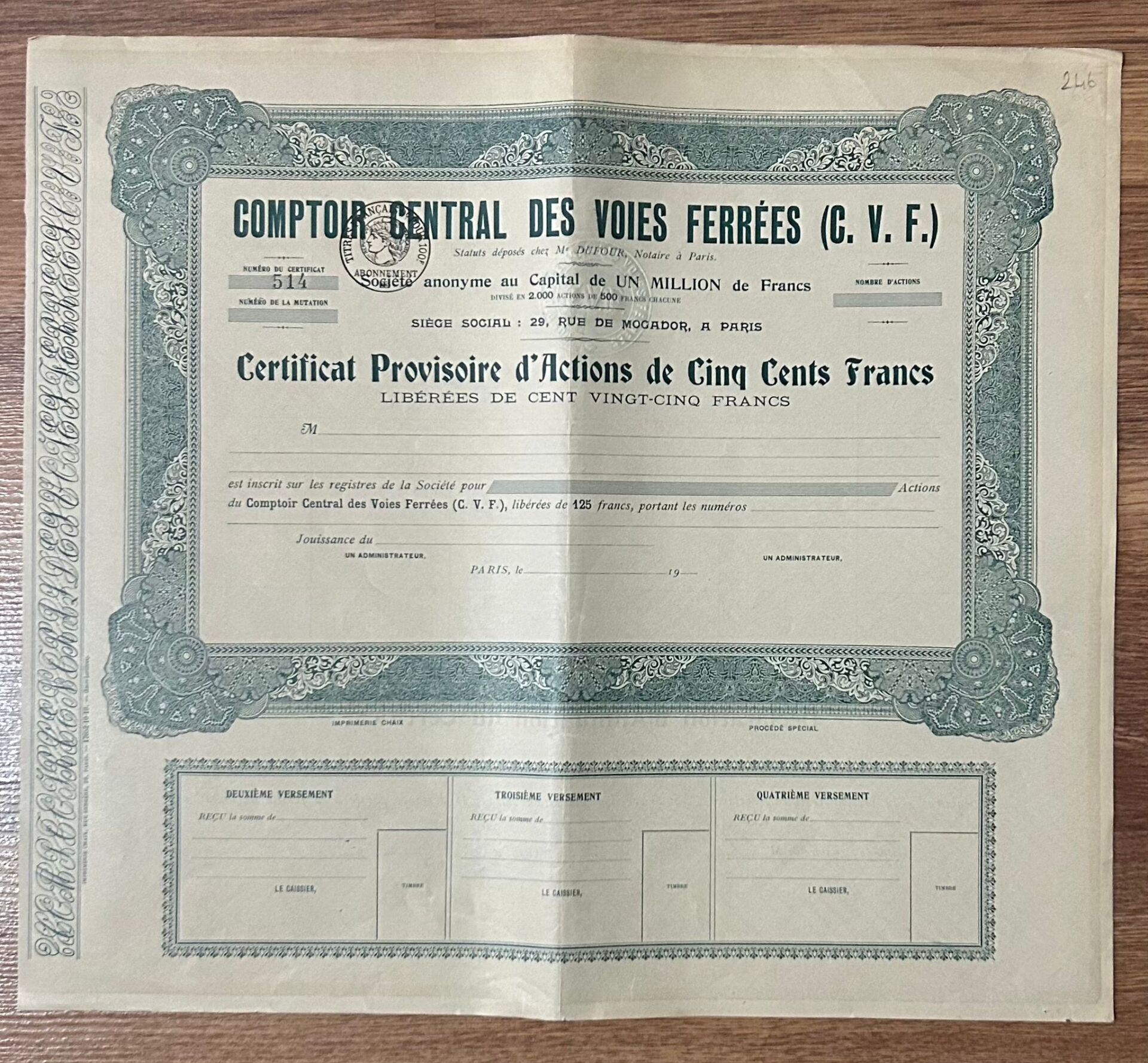 Hisse Senedi - Comptoir Central Des Vois Ferrees  ( 36 X 32 cm )