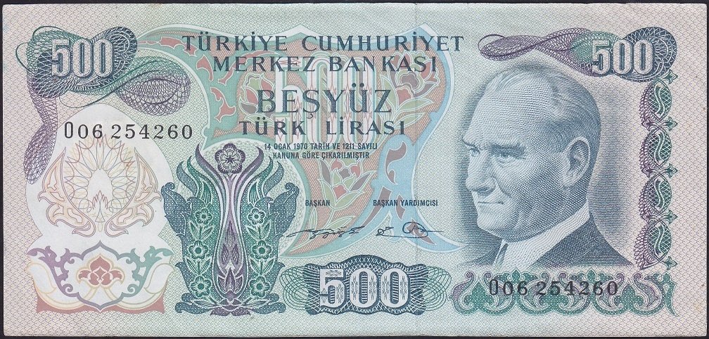 6.EMİSYON 2.TERTİP 500 LİRA O06 254260 ÇÇT + eski kağıt para mezat