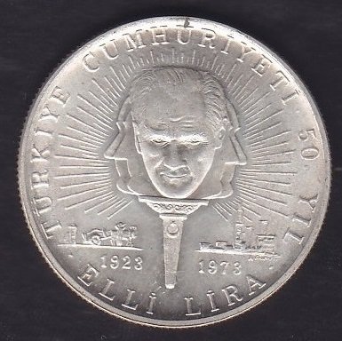 1973 YILI 50 LİRA TÜRKİYE CUMHURİYETİ 50. YIL GÜMÜŞ ÇİLALTI ÇİL
